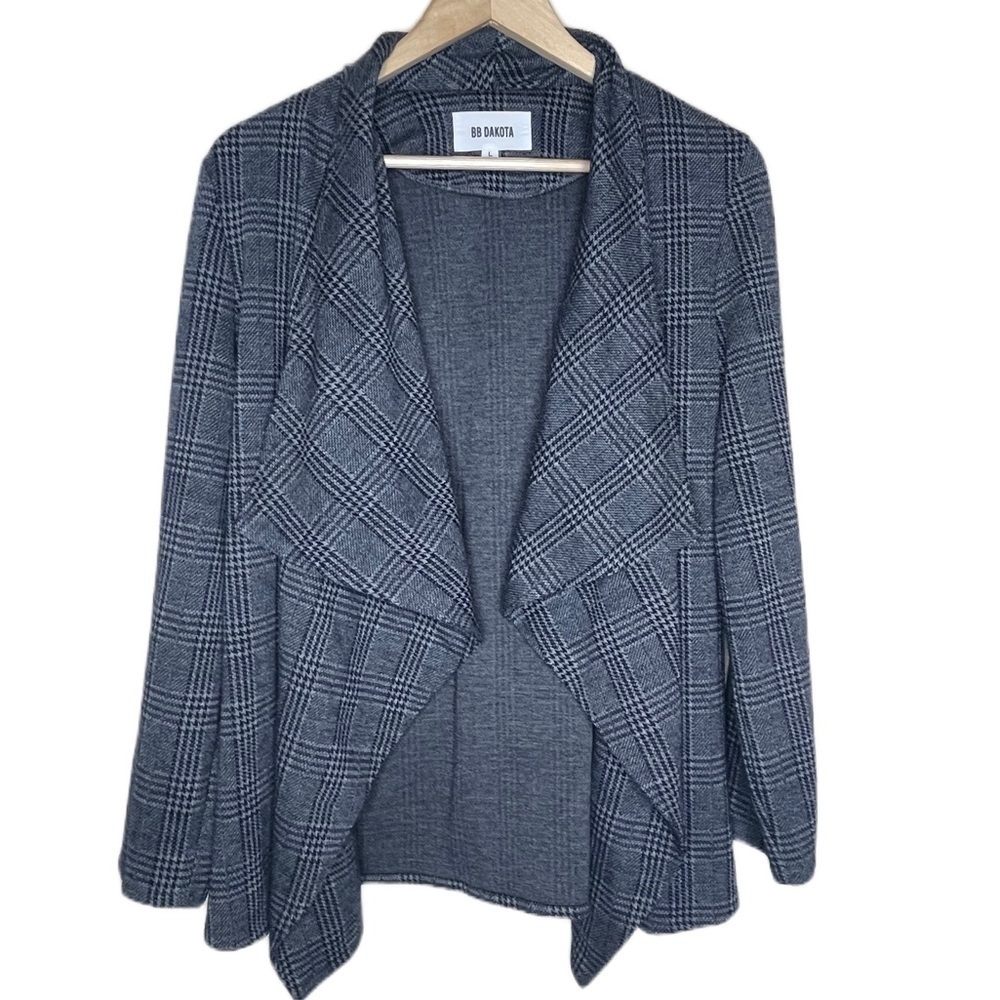 Bb Dakota Draped Gray Plaid Houndstooth Waterfall Long Sleeve Cardigan